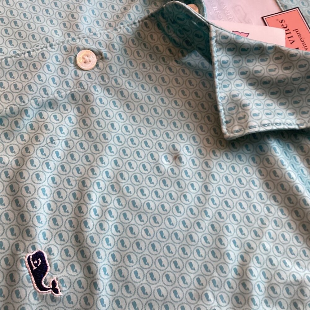 NWT Vineyard Vines Performance Polo Shirt in Aqua Whale Dot Micro Print M GOLF - Picture 3 of 3